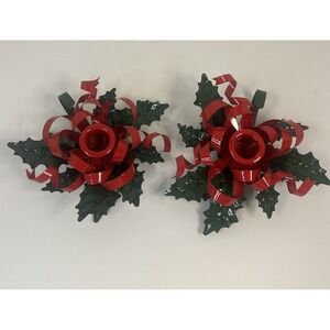 Vintage Christmas Department 56 Holly Metal Ribbon Candle Holder (2)‎